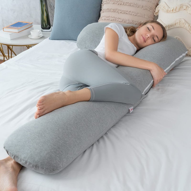 AngQi Body Pregnancy Pillow with Jersey Cover, L Shaped Full Body Pillow for Pregnant Women and Side Sleeping, Gray - Image 2